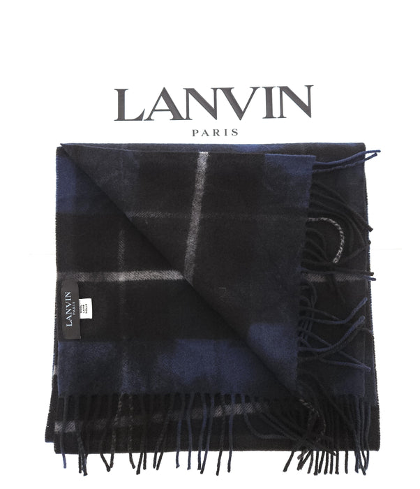 Lanvin 100% Wool Scarf – Plaid Black and Blue, Elegant Fringed Design
