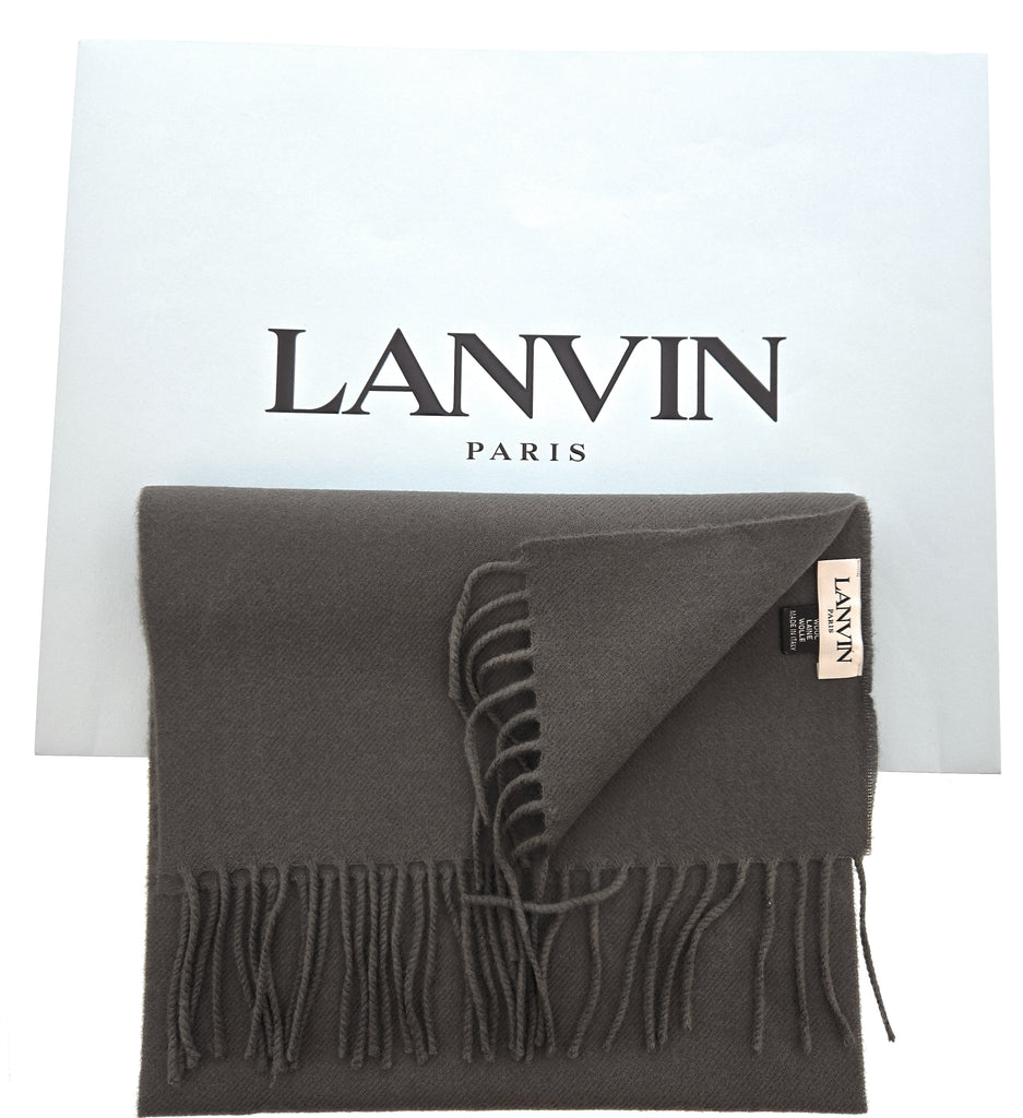 Lanvin Pure Wool Taupe Grey Scarf with Fringed Edges Luxury Accessory