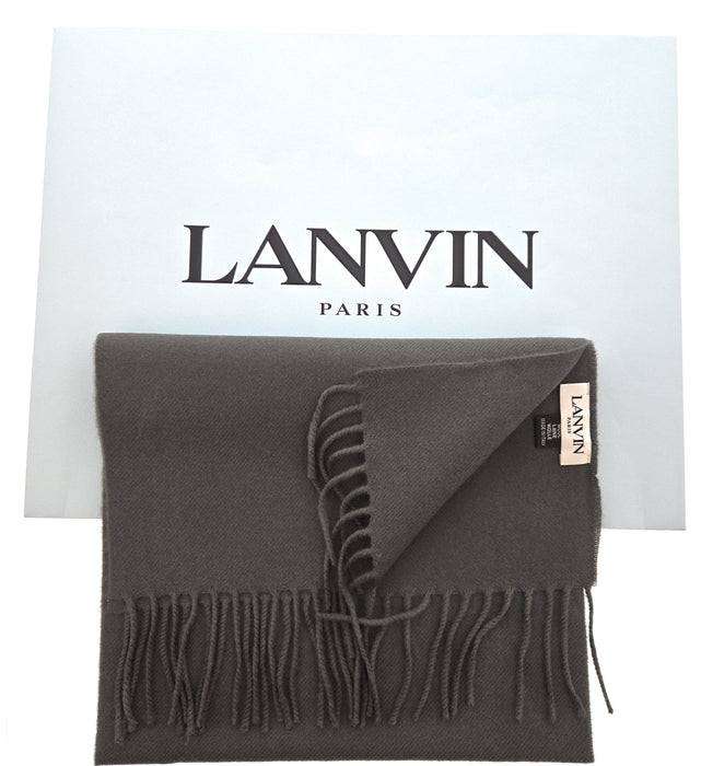 Lanvin 100% Wool Taupe Grey Scarf with Fringed Edges Luxury Accessory