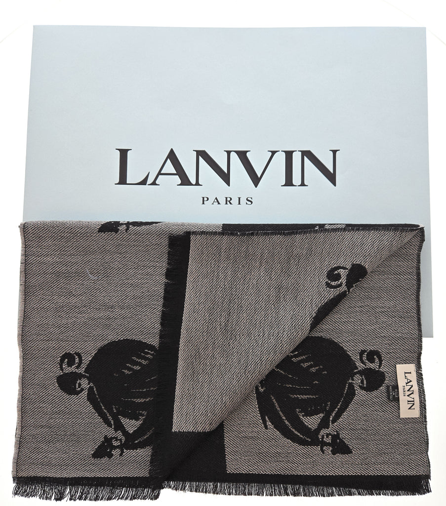 Lanvin Soft Luxurious Pure Wool Black/Gray Fringe Scarf