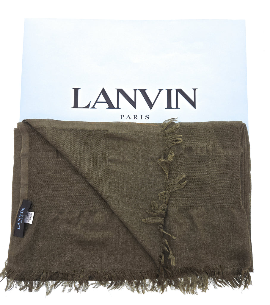 Lanvin Soft Luxurious Cashmere and Silk Olive Green Fringe Scarf