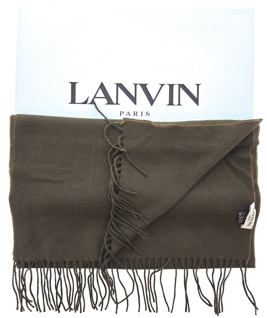 Lanvin Soft Luxurious Cashmere and Wool Army Green Fringe Scarf