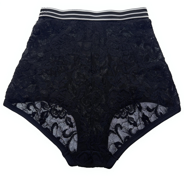 Dolce & Gabbana Black Lace High-Waisted Briefs with Logo Waistband-S