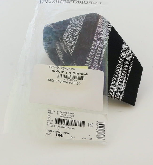 Emporio Armani Mens Black White Herringbone Stripe Tie – Made in Italy