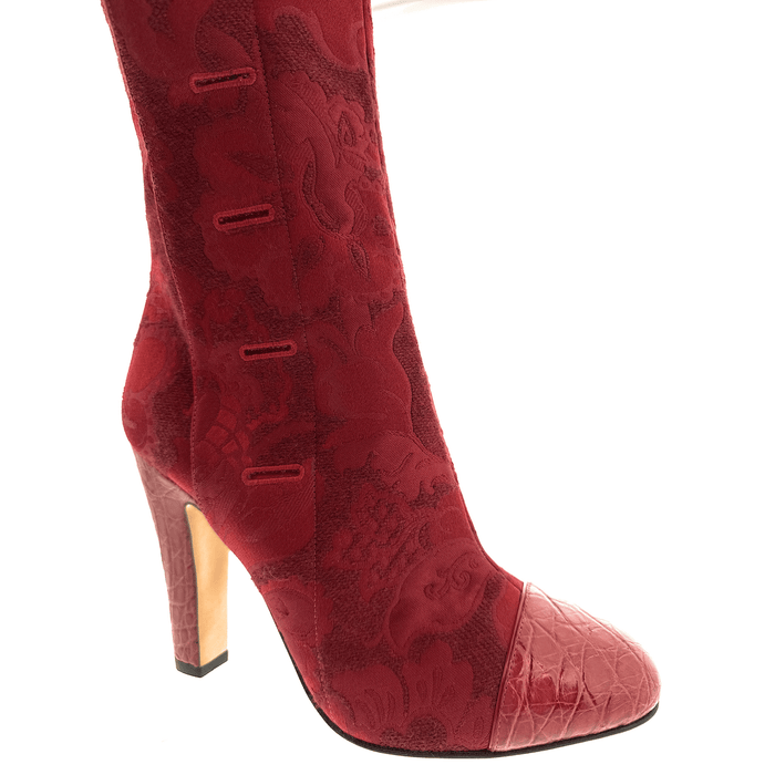 Dolce & Gabbana Red Croc Embossed Toe Cap Suede Knee High Boots-