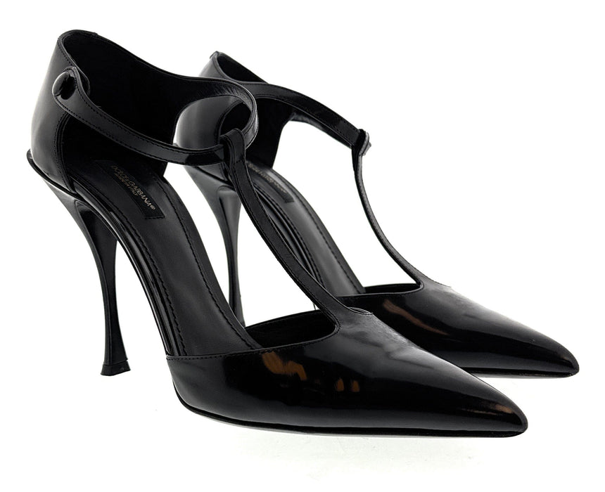 Dolce & Gabbana Black Glossy Patent T-Strap Heels-EU40