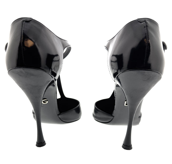 Dolce & Gabbana Black Glossy Patent T-Strap Heels-EU40
