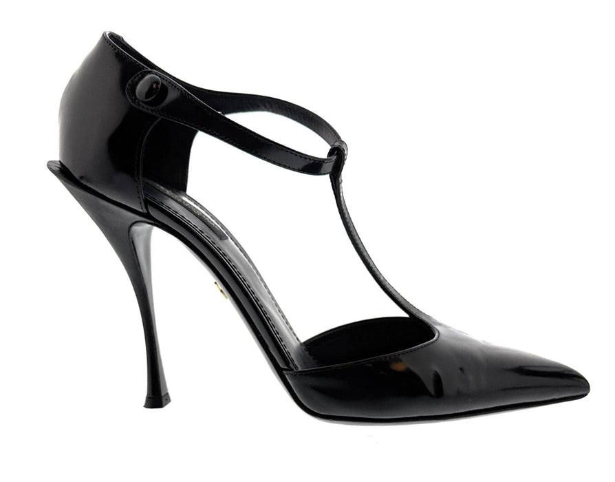 Dolce & Gabbana Black Glossy Patent T-Strap Heels-EU40