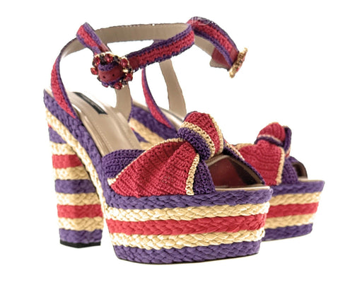 Dolce & Gabbana Multicolor Raffia Platform Sandals –  Woven Heels with Bow-39.5