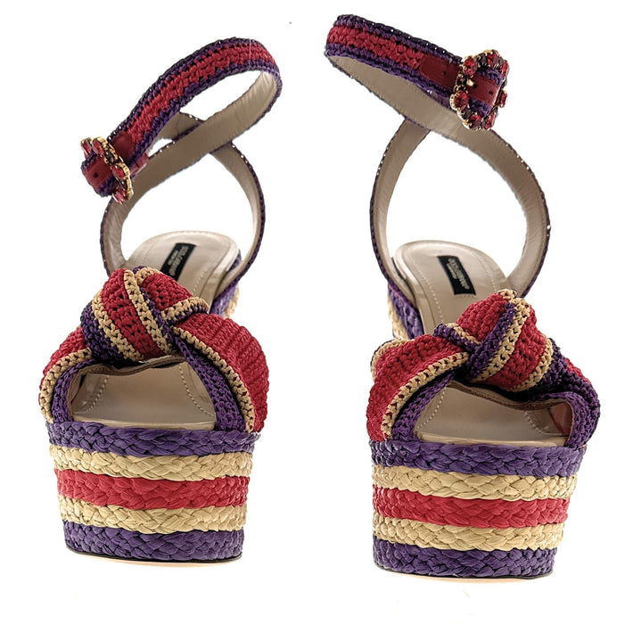 Dolce & Gabbana Multicolor Raffia Platform Sandals –  Woven Heels with Bow-39.5