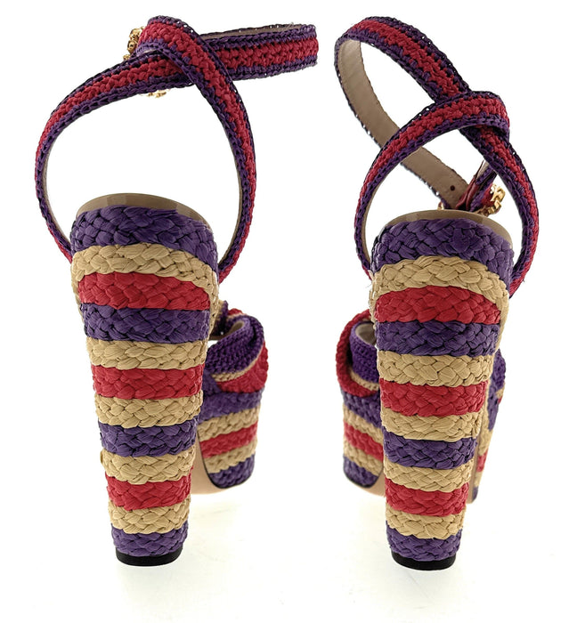 Dolce & Gabbana Multicolor Raffia Platform Sandals –  Woven Heels with Bow-39.5
