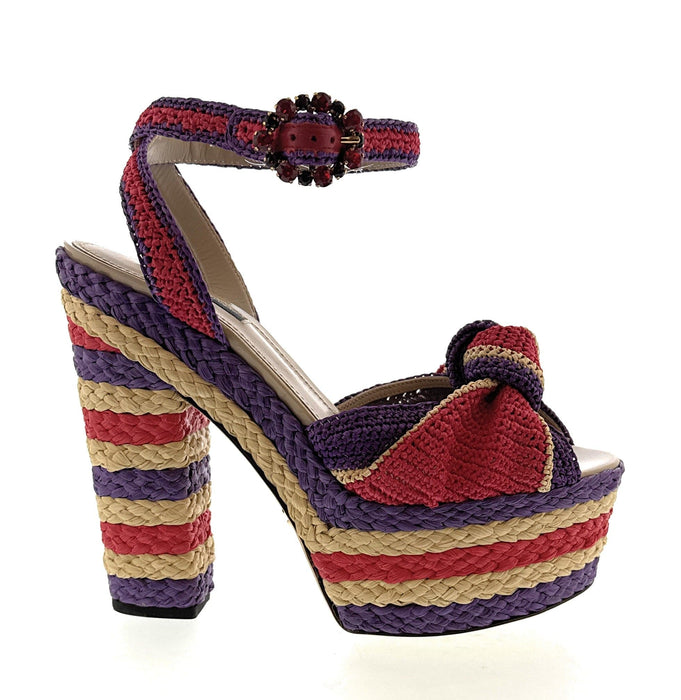 Dolce & Gabbana Multicolor Raffia Platform Sandals –  Woven Heels with Bow-39.5