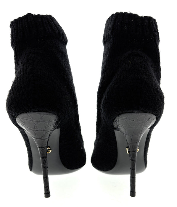 Dolce & Gabbana Black Knit Sock Boots – Pointed Toe Stiletto Ankle Heels-39