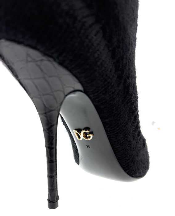 Dolce & Gabbana Black Knit Sock Boots – Pointed Toe Stiletto Ankle Heels-39
