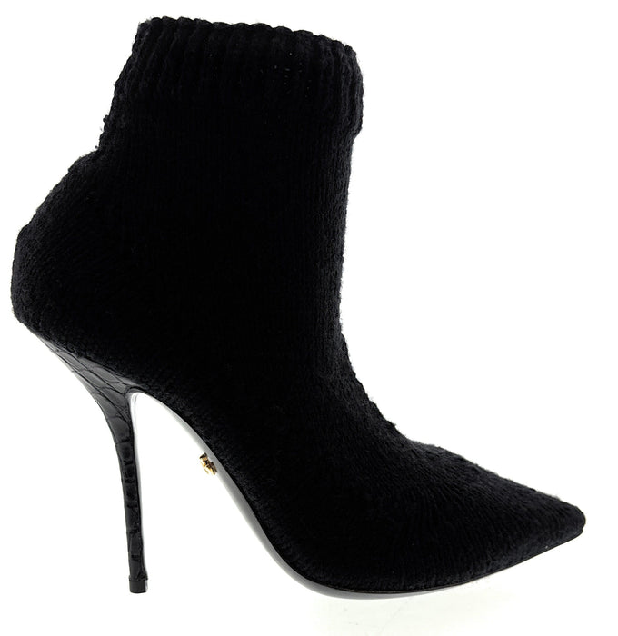 Dolce & Gabbana Black Knit Sock Boots – Pointed Toe Stiletto Ankle Heels-39