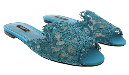 Dolce & Gabbana Turquoise Lace Flat Slides – Sheer Floral Mesh Slip-Ons-38