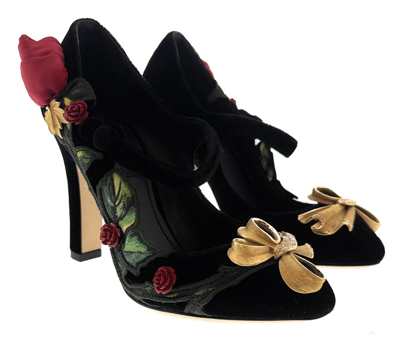Dolce & Gabbana Black Velvet Embellished Vintage Heels-EU35.5