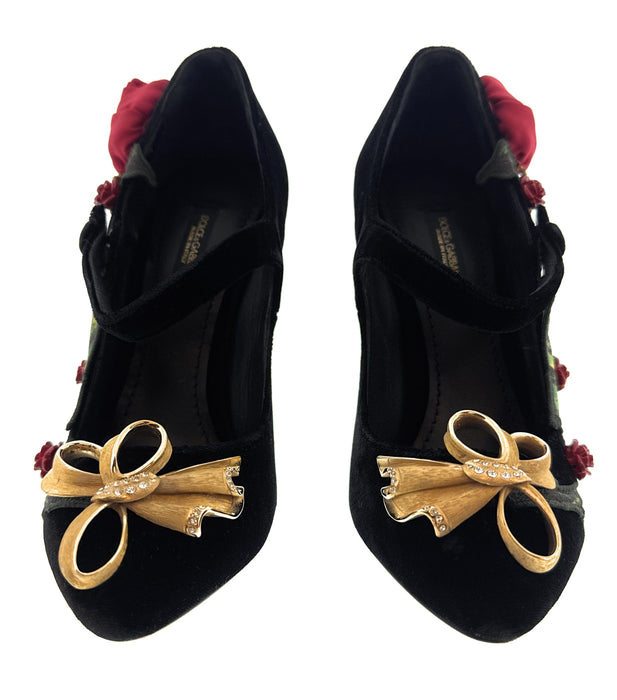 Dolce & Gabbana Black Velvet Embellished Vintage Heels-EU35.5