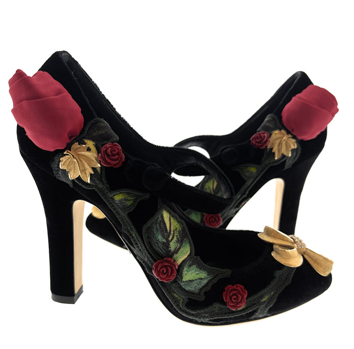Dolce & Gabbana Black Velvet Embellished Vintage Heels-EU35.5