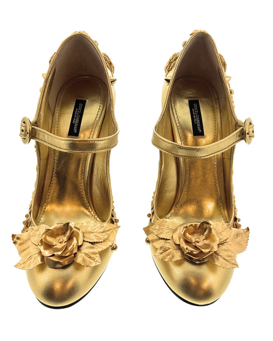 Dolce & Gabbana Gold Gold Embellished Mary Jane Heels-EU40.5