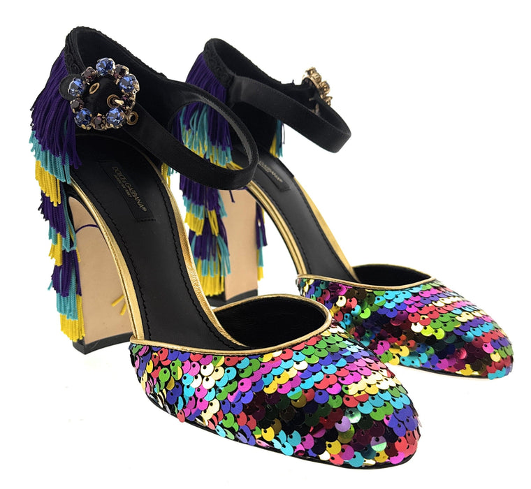 Dolce & Gabbana Multicolor Gold Rainbow SequinFringe Block Heels-EU39
