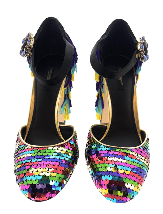 Dolce & Gabbana Multicolor Gold Rainbow Sequin Fringe Block Heels