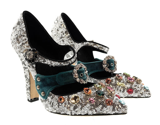 Dolce & Gabbana Silver Sequin Mary Jane Pumps with Jeweled Velvet Strap-39