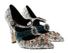 Dolce & Gabbana Silver Sequin Mary Jane Pumps with Jeweled Velvet Strap-39