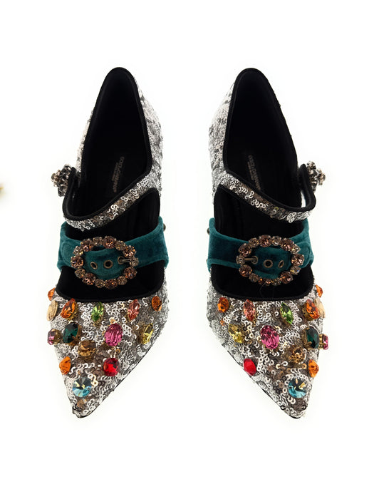 Dolce & Gabbana Silver Sequin Mary Jane Pumps with Jeweled Velvet Strap-39