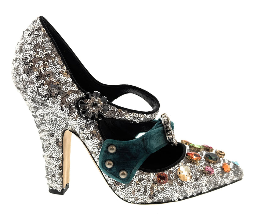 Dolce & Gabbana Silver Sequin Mary Jane Pumps with Jeweled Velvet Strap-39