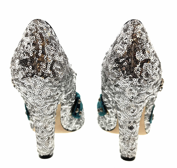 Dolce & Gabbana Silver Sequin Mary Jane Pumps with Jeweled Velvet Strap-39