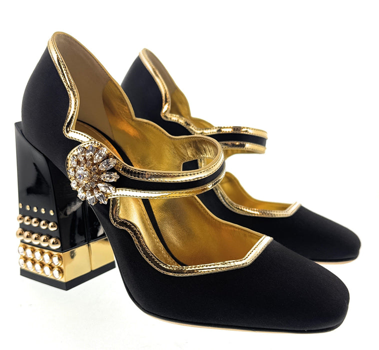 Dolce & Gabbana Black Bold Velvet Mary Jane Vintage Heels-EU35