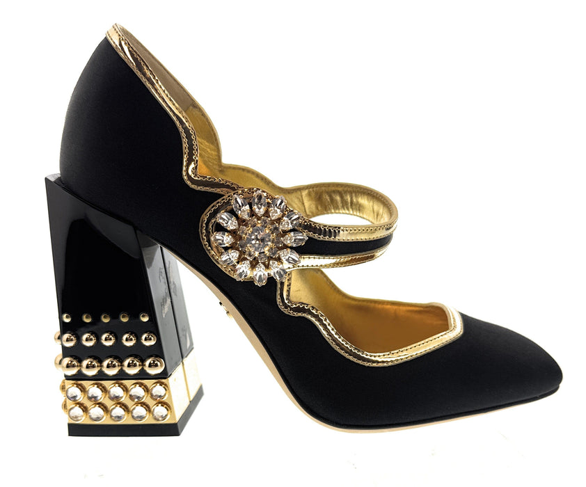 Dolce & Gabbana Black Bold Velvet Mary Jane Vintage Heels-EU35