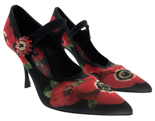 Dolce & Gabbana Black/Red Poppy Print Jersey Pointed Toe Pumps-EU39.5