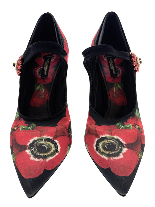 Dolce & Gabbana Black/Red Poppy Print Jersey Pointed Toe Pumps-EU39.5