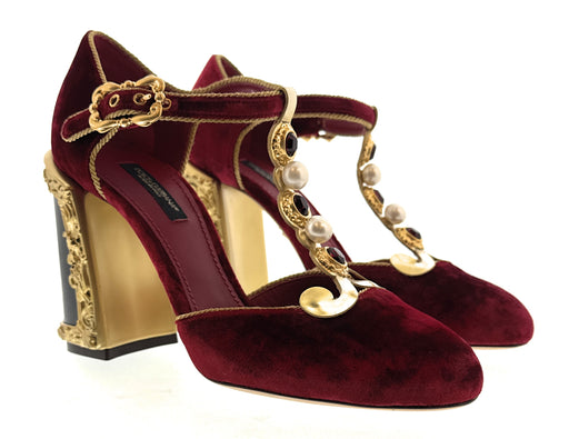 Dolce & Gabbana Red/Gold Bold Velvet Mary Jane Vintage Heels-EU36.5