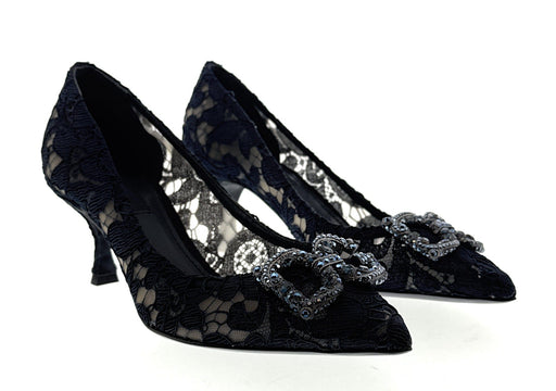 Dolce & Gabbana Deep Navy Floral Lace  Kitten Heels
