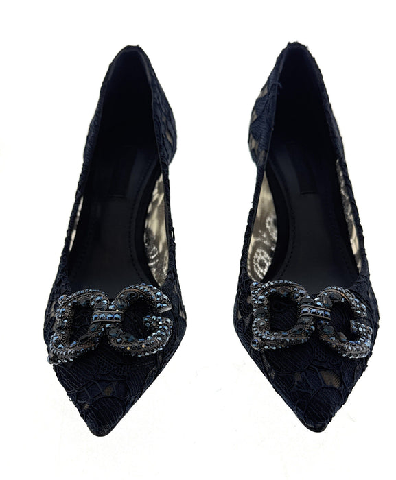 Dolce & Gabbana Deep Navy Floral Lace  Kitten Heels