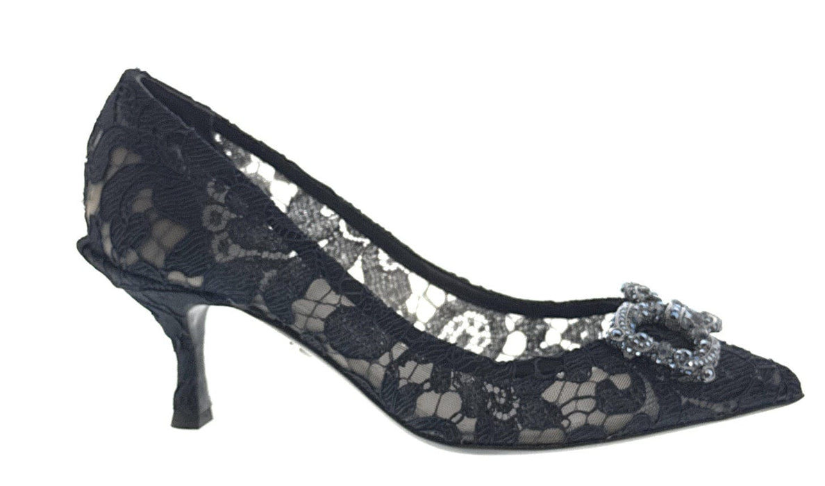 Dolce & Gabbana Deep Navy Floral Lace  Kitten Heels