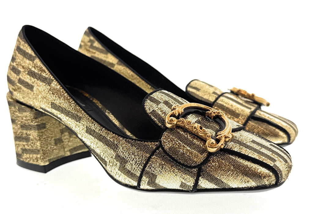 Dolce & Gabbana Gold/Black Brocade Animal Print Block Heel Shoes-EU36