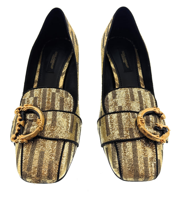 Dolce & Gabbana Gold/Black Brocade Animal Print Block Heel Shoes-EU36