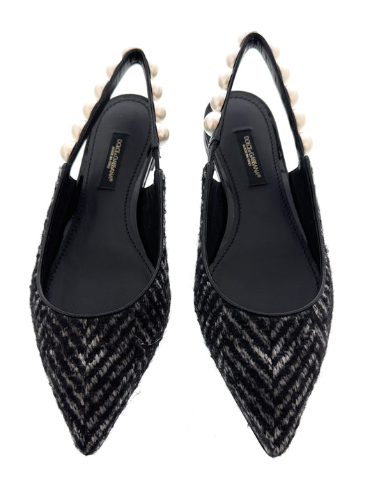 Dolce & Gabbana White/Black Pointed Flat Slingbacks-EU35