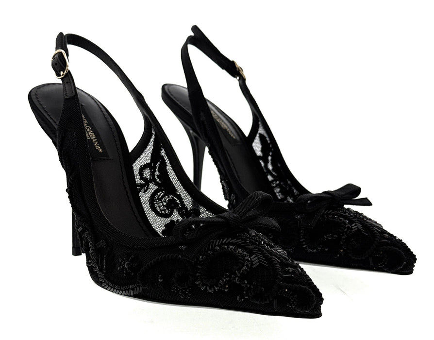 Dolce & Gabbana Black Lace Slingback Heels with Embroidered Mesh Bow Detail-35