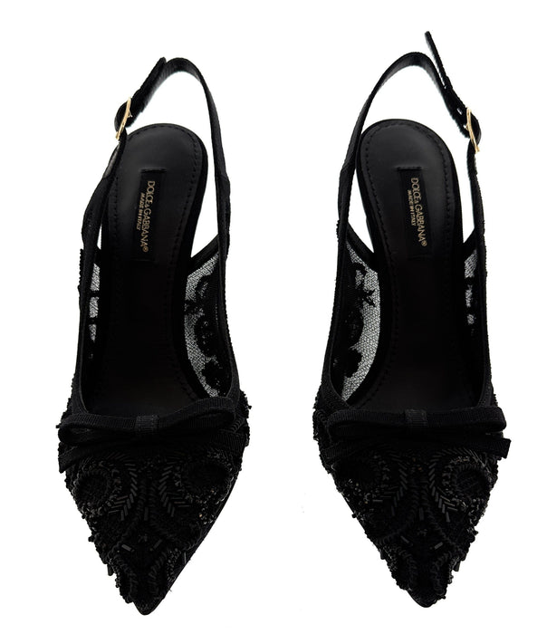 Dolce & Gabbana Black Lace Slingback Heels with Embroidered Mesh Bow Detail-35