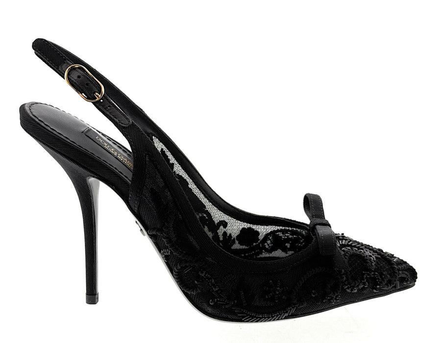 Dolce & Gabbana Black Lace Slingback Heels with Embroidered Mesh Bow Detail-35