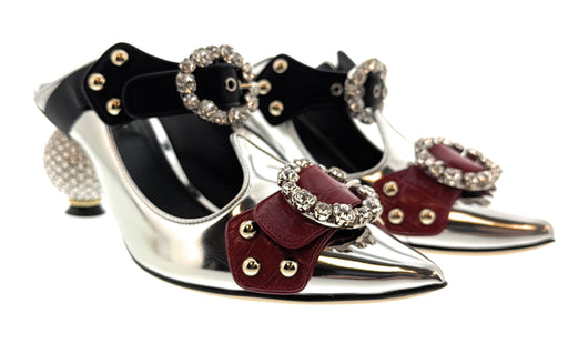 Dolce & Gabbana Silver/Cherry Silver Embellished Kitten Mules-EU37