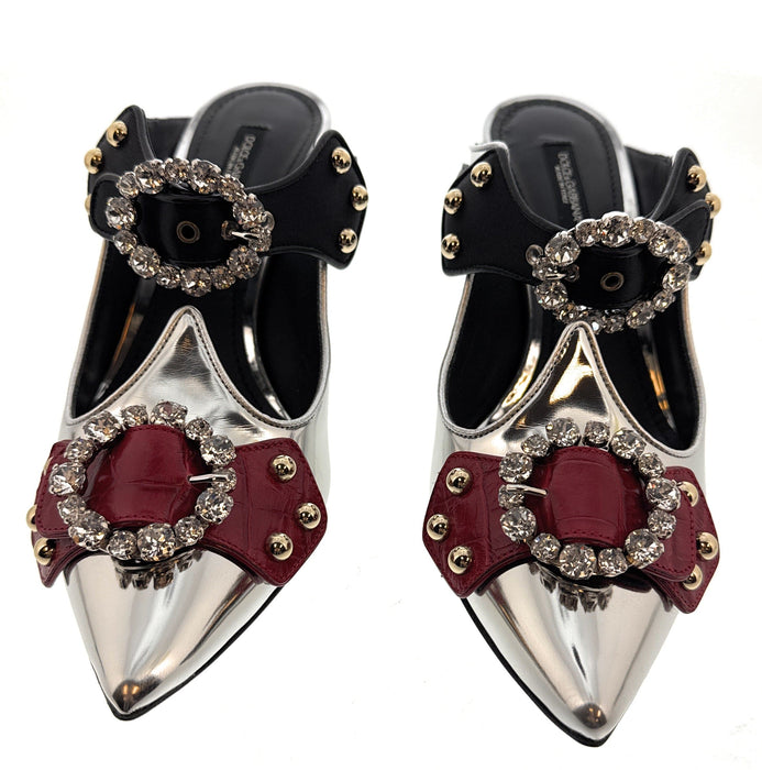 Dolce & Gabbana Metallic Silver Heels with Crystal Buckles & Pearl Embellished Heels
-EU37