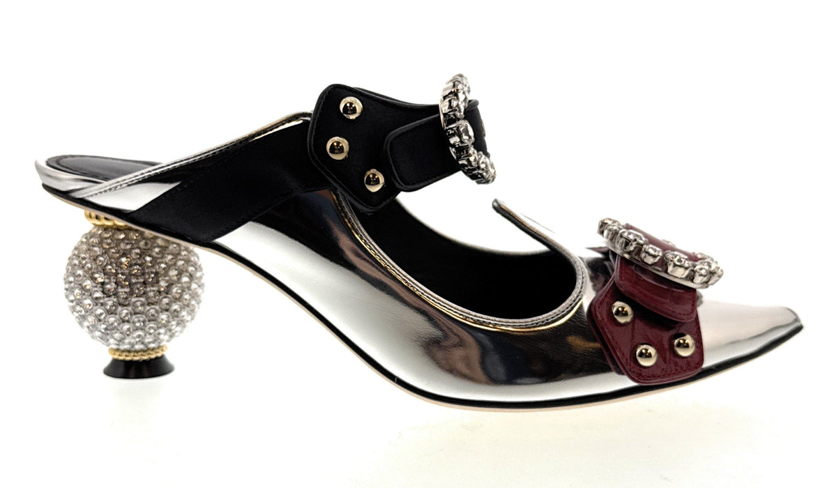 Dolce & Gabbana Metallic Silver Heels with Crystal Buckles & Pearl Embellished Heels
-EU37