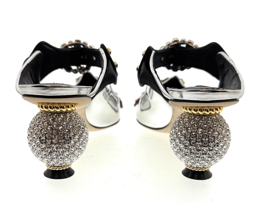 Dolce & Gabbana Metallic Silver Heels with Crystal Buckles & Pearl Embellished Heels
-EU37