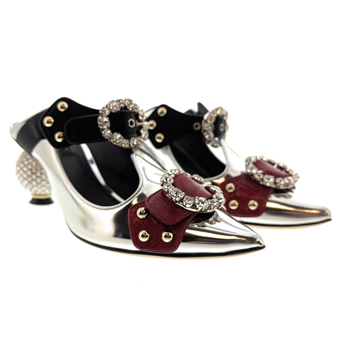 Dolce & Gabbana Metallic Silver Heels with Crystal Buckles & Pearl Embellished Heels
-EU37